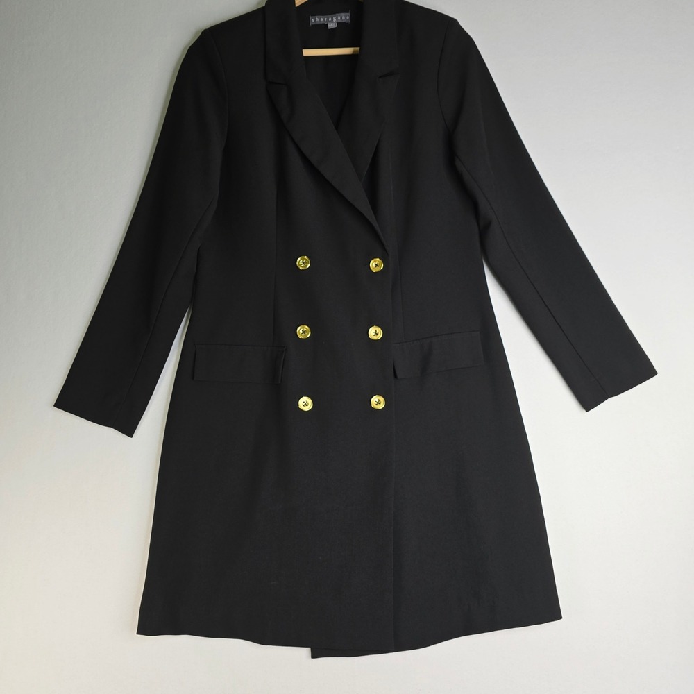 Sharagano Black Double Breasted Blazer Dress Gold Buttons Long Sleeve Size 8